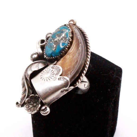Vintage Sterling Silver Native American Navajo Morenci Turquoise Bear Claw Ring - Picture 10 of 14